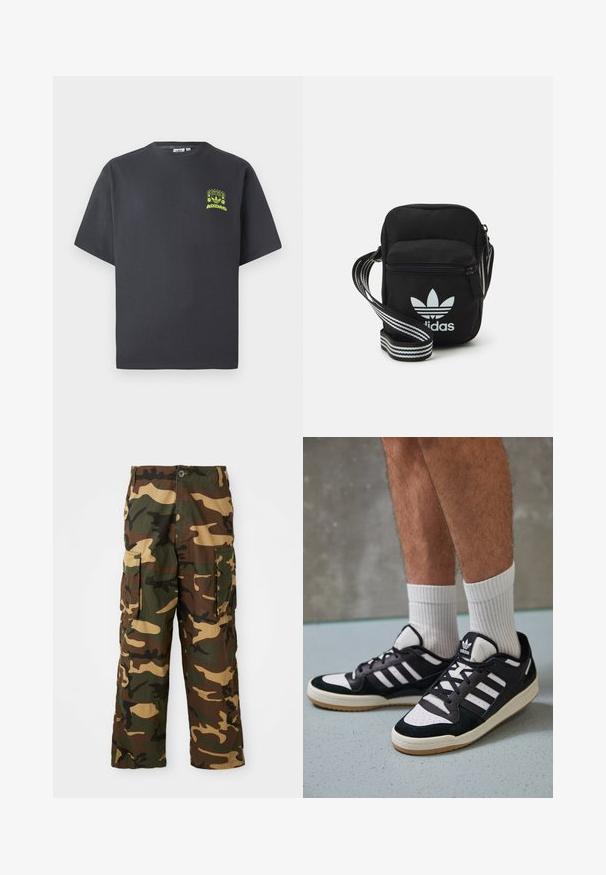 Söe phühaline Adidas T-särk, lühikeste varrukatega, tumesüsinest värvi, vasakul rinnal on väike helesinine graafiline kujutis kõlaritest, päikesest ja Adidas'i logost.; Roheline, pruun ja beež camouflage-musteriga cargo püksid. Omavad kahte suurt küljetaskut ja nupuga sulgemist. Valmistatud tekstuurilisest kangast.; Mustvalged ja valged spordijalatsid, mille pealmine osa on valmistatud suede'ist ja nahast. Kingadel on kolm valget riba, auguline varvas ja kummist tald.; Mustmust värvi risti koti, millel on tõmblukuga sulgemine, valge Adidas'i logo ja triibuline reguleeritav rihm mugavaks kandmiseks.