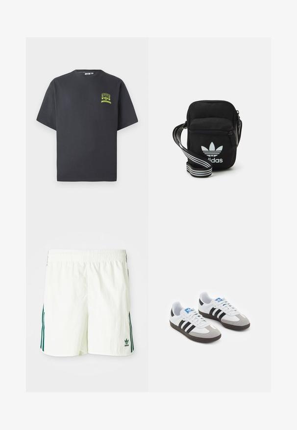 Tumši pelēkā krāsā Adidas T-kreklā ar īsām piedurknēm un mazu neona zaļa grafiku ar skaļruņiem, sauli un Adidas logo kreisajā krūtī.; Biezi baltie šorti ar elastīgu jostasvietu, ar zaļām vertikālām svītrām sānos un ar zaļi izšūtu Adidas logotipu.; Sporta apavi ar balto ādas virsu, pelēku zamšādas purngalu un trim melnām svītrām. Iezīmē zilu logotipu uz mēles un teksturētu gumijas zoli.; Melna auduma crossbody soma ar rāvējslēdzēja aizdari, kurai ir balts Adidas logo un svītrainas regulējamas siksnas ērtiem pārvietošanās veidiem.