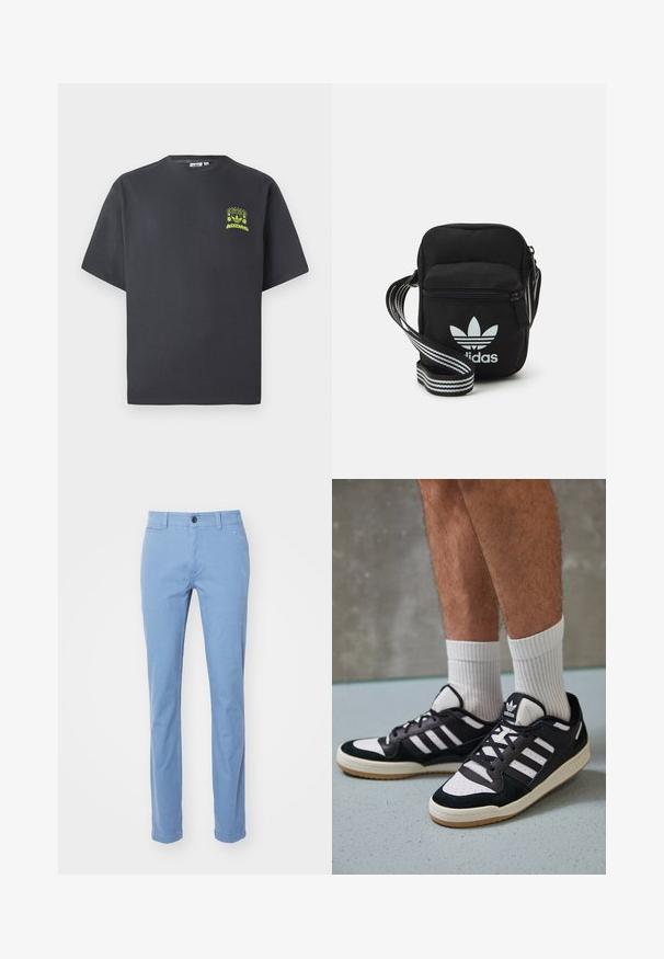 Charcoal gray Adidas T-shirt with short sleeves and a small neon green graphic of speakers, sun, and Adidas logo on left chest.; Light blue, straight-leg chinos made of cotton fabric. Features a front button closure, belt loops, and front pockets. Smooth texture.; Black and white sneakers with a suede and leather upper, featuring three white stripes, a perforated toe, and a gum rubber sole.; Black fabric crossbody bag with a zipper closure, featuring a white Adidas logo and a striped adjustable strap for easy carrying.