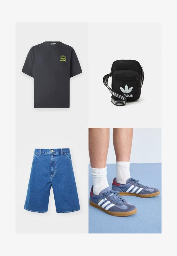 T-shirt Adidas di colore grigio carbone con maniche corte e una piccola grafica neon verde di altoparlanti, sole e logo Adidas sul lato sinistro del petto.; Shorts in denim dal colore blu, dalla vestibilità ampia, vita media, con tasche frontali e chiusura a bottone. Dettagli di cucitura lungo le cuciture.; Sneaker in suede blu con strisce bianche, suola in gomma, dettagli rossi sul tallone e lacci grigi. Indossate con calzini bianchi a coste.; Borsa a tracolla in tessuto nero con chiusura a zip, caratterizzata da un logo Adidas bianco e una tracolla regolabile a righe per un facile trasporto.