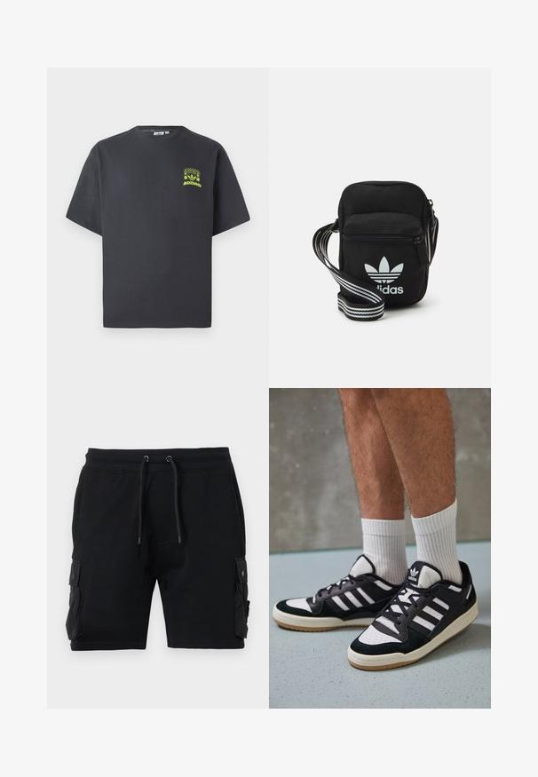 T-shirt Adidas gris charbon à manches courtes avec un petit graphique néon vert représentant des haut-parleurs, un soleil et le logo Adidas sur la poitrine gauche.; Shorts cargo noirs en mélange de coton, dotés de deux poches latérales, d'une taille ajustable avec cordon de serrage et d'une texture lisse.; Baskets noir et blanc avec une tige en suède et cuir, comportant trois rayures blanches, un bout perforé et une semelle en caoutchouc gum.; Sac bandoulière noir en tissu avec fermeture éclair, arborant un logo Adidas blanc et une sangle réglable rayée pour un port facile.