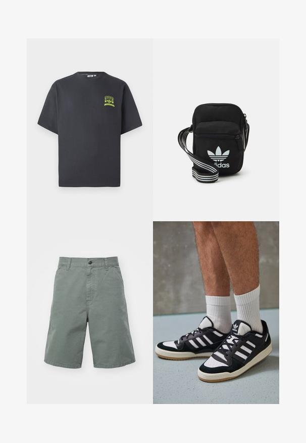 Antracitové šedé tričko Adidas s krátkymi rukávmi a malou neónovo zelenou grafikou reproduktorov, slnka a loga Adidas na ľavej hrudi.; Svetlozelené bavlnené šortky s uzáverom na gombík, pútkami na opasok a bočnými vreckami. Majú rovný strih a ľahkú textúru.; Čierno-biele tenisky s vrchom z semišu a kože, s troma bielymi pruhmi, perforovanou špičkou a gumovou podrážkou.; Čierna textilná crossbody taška so zipsovým uzáverom, ktorá má biele logo Adidas a pruhovaný nastaviteľný popruh pre jednoduché nosenie.