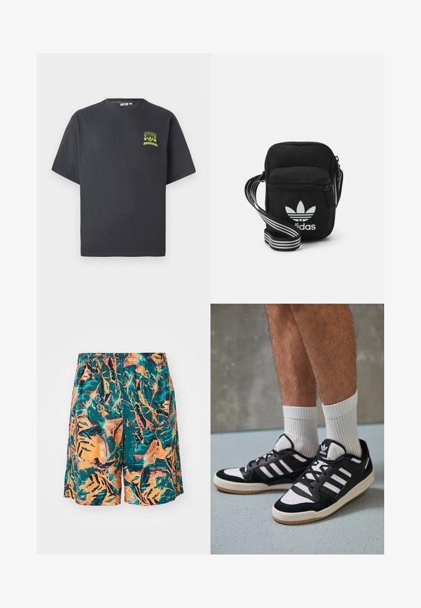 T-shirt Adidas de cor cinza carvão com mangas curtas e um pequeno gráfico em neon verde de altifalantes, sol e o logo da Adidas no lado esquerdo do peito.; Calções de banho com um padrão de folhas da selva em laranja, teal e preto, feitos de um tecido leve e com uma cintura elástica para conforto.; Ténis em preto e branco com upper em camurça e couro, apresentando três riscas brancas, um toe perfurado e uma sola em borracha de goma.; Sacolinha transversal de tecido preto com fecho de zíper, apresentando um logo da Adidas em branco e uma alça ajustável listrada para facilitar o transporte.