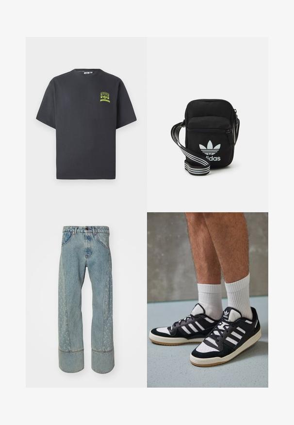 Camiseta de Adidas en gris carbón con mangas cortas y un pequeño gráfico en neón verde de altavoces, sol y el logo de Adidas en el lado izquierdo del pecho.; Jeans de mezclilla azul claro con pierna ancha, que presentan un panel lateral estampado y puños de mezclilla más oscuros en contraste. Diseño clásico de cinco bolsillos.; Zapatillas en blanco y negro con parte superior de ante y cuero, que presentan tres franjas blancas, una puntera perforada y una suela de goma.; Bolso cruzado de tela negra con cierre de cremallera, que presenta un logo blanco de Adidas y una correa ajustable a rayas para un fácil transporte.