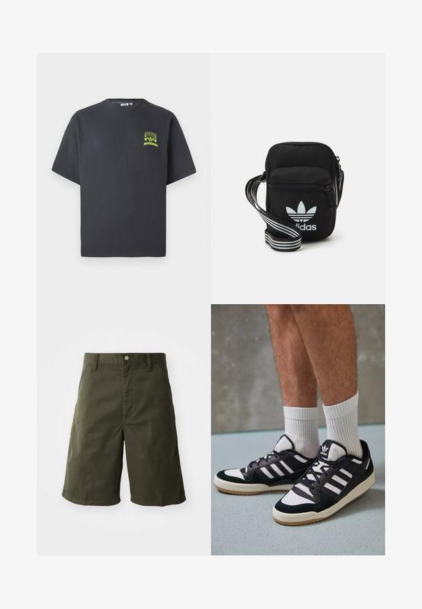 Dunkelgraues Adidas-T-Shirt mit kurzen Ärmeln und einem kleinen neongrünen Aufdruck von Lautsprechern, Sonne und dem Adidas-Logo auf der linken Brust.; Grüne Baumwollshorts mit geradem Bein, ausgestattet mit einem Knopfverschluss und seitlichen Taschen. Glatte Textur, knielange Schnittform.; Schwarz-weiße Sneaker mit einem Obermaterial aus Wildleder und Leder, ausgestattet mit drei weißen Streifen, einer perforierten Zehenpartie und einer Sohle aus Gummi.; Schwarze Umhängetasche aus Stoff mit Reißverschluss, ausgestattet mit einem weißen Adidas-Logo und einem gestreiften, verstellbaren Tragegurt für einfachen Transport.