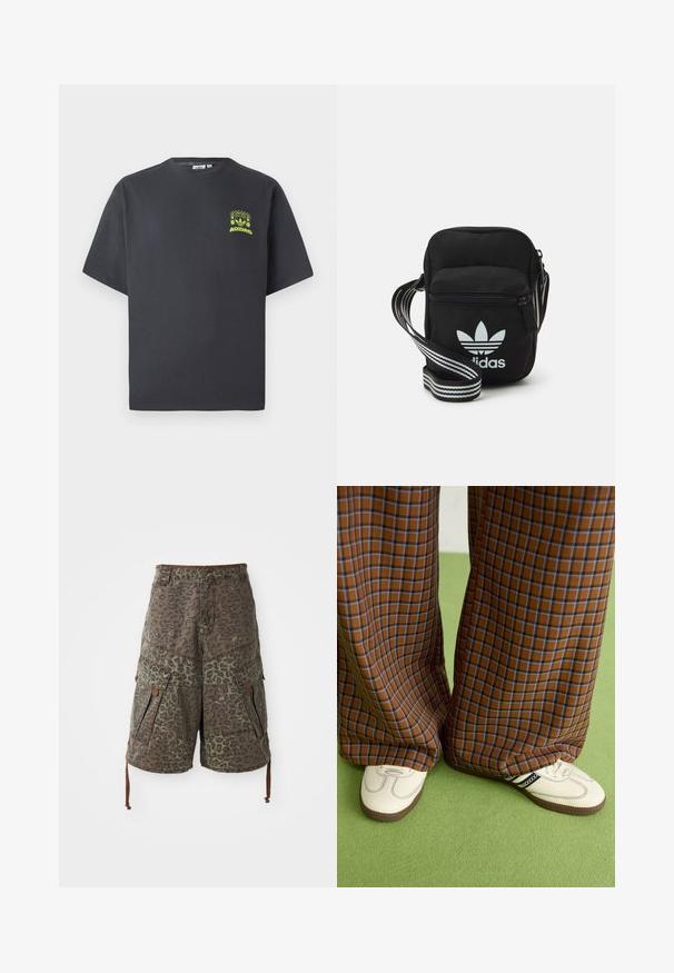 Dunkelgraues Adidas-T-Shirt mit kurzen Ärmeln und einem kleinen neongrünen Aufdruck von Lautsprechern, Sonne und dem Adidas-Logo auf der linken Brust.; Tarnfarbene Cargo-Shorts in Grün und Braun mit Leopardenmuster, ausgestattet mit mehreren Taschen, verstellbaren Kordeln und verstärkten Nähten.; Braun und blaue Karohosen mit weitem Bein, kombiniert mit weißen Schuhen mit schwarzen Akzenten und strukturierten Sohlen, vor einem grünen Hintergrund.; Schwarze Umhängetasche aus Stoff mit Reißverschluss, ausgestattet mit einem weißen Adidas-Logo und einem gestreiften, verstellbaren Tragegurt für einfachen Transport.
