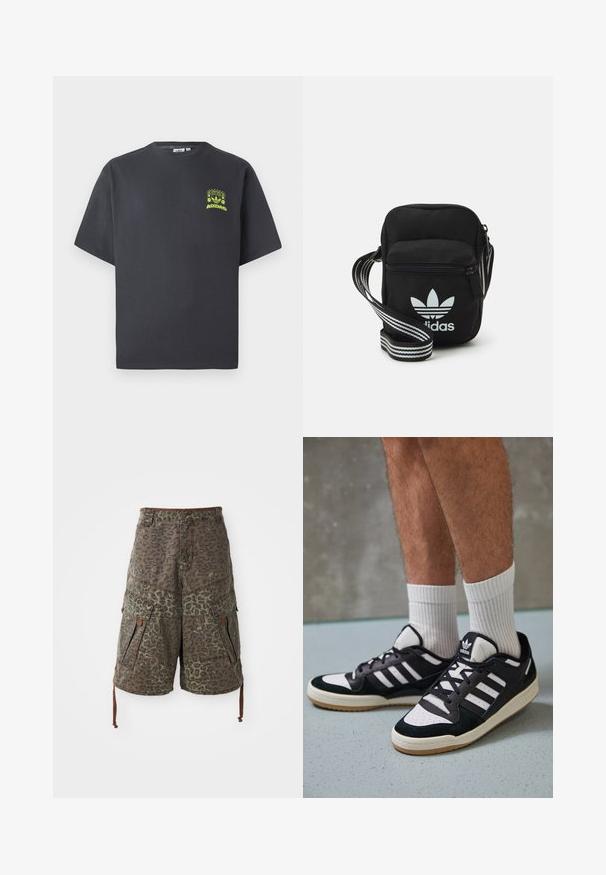 Črno-siva Adidas majica s kratkimi rokavi in majhnim neon zelenim grafičnim motivom z zvočniki, soncem in Adidasovim logotipom na levi strani prsnega koša.; Kamuflažne cargo kratke hlače v zeleni in rjavi barvi z leopardskim vzorcem, z več žepi, nastavljivimi vezalkami in ojačanimi šivi.; Črno-bele superge z zgornjim delom iz usnja in nubuka, ki imajo tri bele črte, perforiran vrh prstov in podplat iz gume.; Črna tkaninska torbica čez ramo z zadrgo, ki vsebuje belo Adidasovo logo in pridelano naramnico z več črtami za enostavno nošenje.