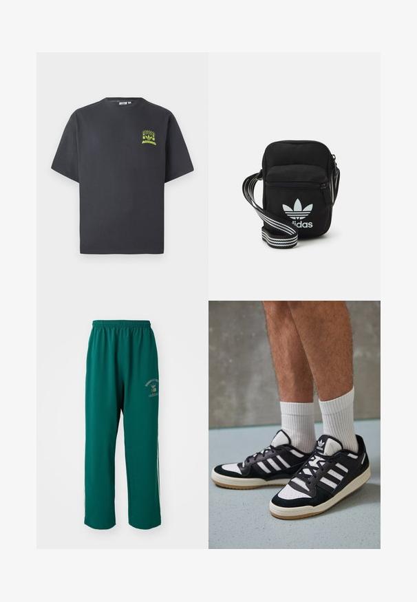 Črno-siva Adidas majica s kratkimi rokavi in majhnim neon zelenim grafičnim motivom z zvočniki, soncem in Adidasovim logotipom na levi strani prsnega koša.; Zelene športne hlače iz gladkega materiala, opremljene z elastičnim pasom, logotipom natisnjenim na eni strani in belimi stranskimi črtami. Redna prileganje.; Črno-bele superge z zgornjim delom iz usnja in nubuka, ki imajo tri bele črte, perforiran vrh prstov in podplat iz gume.; Črna tkaninska torbica čez ramo z zadrgo, ki vsebuje belo Adidasovo logo in pridelano naramnico z več črtami za enostavno nošenje.