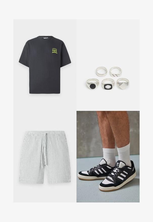 T-shirt Adidas di colore grigio carbone con maniche corte e una piccola grafica neon verde di altoparlanti, sole e logo Adidas sul lato sinistro del petto.; Costumi da bagno a righe grigi e bianchi, con cintura regolabile, design di lunghezza media e materiale morbido e leggero.; Sneaker bianco e nero con tomaia in suede e pelle, caratterizzati da tre strisce bianche, punta perforata e suola in gomma naturale.; Cinque anelli d'argento: uno con un dettaglio circolare nero, uno con un motivo geometrico bianco e nero, e altri con diverse forme e finiture.