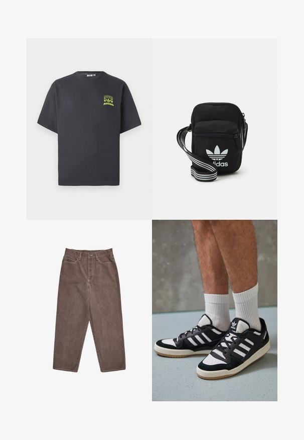 Dunkelgraues Adidas-T-Shirt mit kurzen Ärmeln und einem kleinen neongrünen Aufdruck von Lautsprechern, Sonne und dem Adidas-Logo auf der linken Brust.; Braune Denim-Hosen mit geradem Schnitt, ausgestattet mit kontrastierenden weißen Nähten und einem standardmäßigen Bund mit knopffrontverschluß.; Schwarz-weiße Sneaker mit einem Obermaterial aus Wildleder und Leder, ausgestattet mit drei weißen Streifen, einer perforierten Zehenpartie und einer Sohle aus Gummi.; Schwarze Umhängetasche aus Stoff mit Reißverschluss, ausgestattet mit einem weißen Adidas-Logo und einem gestreiften, verstellbaren Tragegurt für einfachen Transport.
