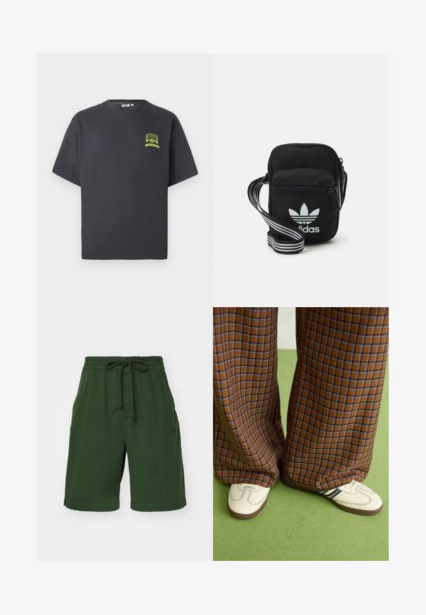 T-shirt Adidas di colore grigio carbone con maniche corte e una piccola grafica neon verde di altoparlanti, sole e logo Adidas sul lato sinistro del petto.; Shorts in cotone verde con vita elastica e cordino regolabile. Presentano tasche laterali e una vestibilità comoda. Tessuto liscio.; Pantaloni a pieghe larghi a quadri marroni e blu abbinati a scarpe bianche con dettagli neri e suole testurizzate, posizionati su uno sfondo verde.; Borsa a tracolla in tessuto nero con chiusura a zip, caratterizzata da un logo Adidas bianco e una tracolla regolabile a righe per un facile trasporto.