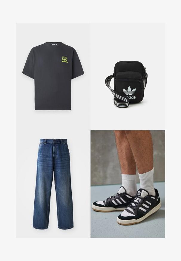Tumši pelēkā krāsā Adidas T-kreklā ar īsām piedurknēm un mazu neona zaļa grafiku ar skaļruņiem, sauli un Adidas logo kreisajā krūtī.; Augsti jostas zilie džinsi ar plašu kāju dizainu, ar vieglu izbalēšanu, priekšējām kabatām un pogu aizdari jostasvietā.; Melnas un baltas kedas ar zamša un ādas augšdaļu, kas aprīkotas ar trim baltām svītrām, perforētu purngali un gumijas zolēm.; Melna auduma crossbody soma ar rāvējslēdzēja aizdari, kurai ir balts Adidas logo un svītrainas regulējamas siksnas ērtiem pārvietošanās veidiem.