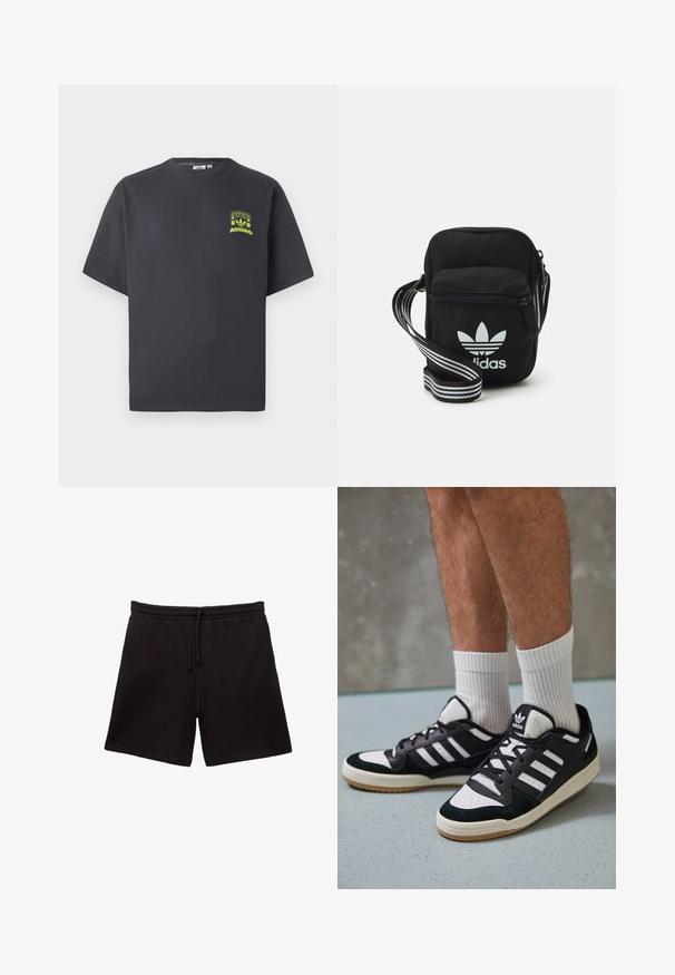 T-shirt Adidas gris charbon à manches courtes avec un petit graphique néon vert représentant des haut-parleurs, un soleil et le logo Adidas sur la poitrine gauche.; Shorts en coton noir avec une ceinture à cordon, dotés de deux poches avant et d'une texture douce et lisse.; Baskets noir et blanc avec une tige en suède et cuir, comportant trois rayures blanches, un bout perforé et une semelle en caoutchouc gum.; Sac bandoulière noir en tissu avec fermeture éclair, arborant un logo Adidas blanc et une sangle réglable rayée pour un port facile.