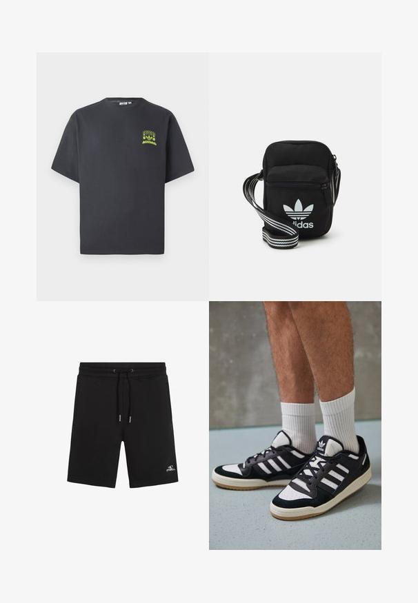 Kolgrå Adidas T-shirt med korta ärmar och en liten neongrön grafik av högtalare, sol och Adidas-logotyp på vänster bröst.; Svarta fleece-shorts med elastisk midja och dragsko. Har två sidofickor och en vit logotyp på nedre vänstra benet.; Svartvita sneakers med ovandel i mocka och läder, med tre vita ränder, perforerad tå och sula av gummigummi.; Svart tygaxelväska med dragkedjestängning, prydd med en vit Adidas-logga och ett randigt justerbart band för enkel bärning.