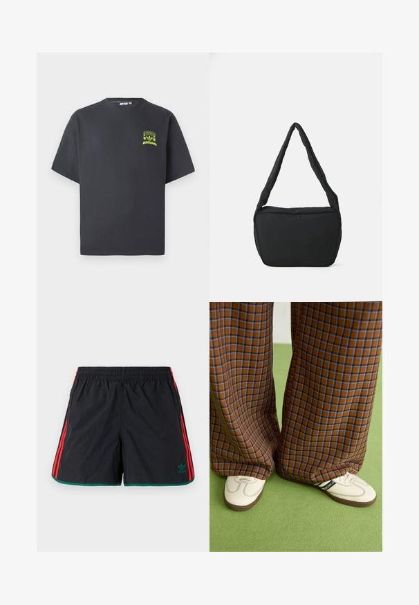 Anglies pilkos spalvos Adidas marškinėliai trumpomis rankovėmis su mažu neoninės žalios spalvos grafikų, vaizduojančiu garsiakalbius, saulę ir Adidas logotipą, kairėje krūtinės pusėje.; Juodi šortai su raudonomis šoninėmis juostomis ir žaliu apvadu. Elastingas juosmuo su žaliu "Adidas" logotipu kairėje pusėje. Lengvas audinys.; Rudos ir mėlynos langelinės plačios kelnės, derinamos su baltais batais su juodais akcentais ir tekstūruotais padais, prieš žalią foną.; Juodas pečių krepšys su paminkštinta tekstūra, apvalia forma ir plačia juostele, su iškilminiu logotipu priekyje.