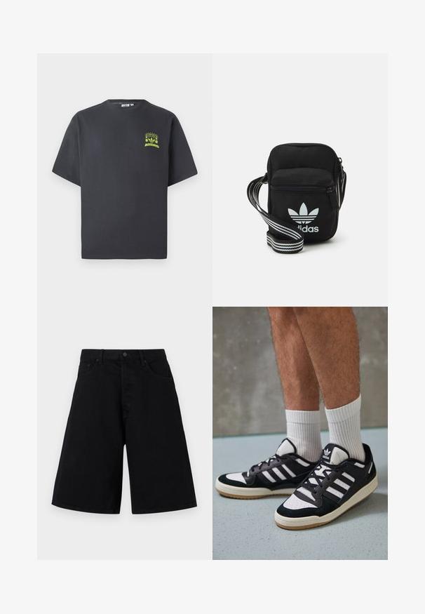Dunkelgraues Adidas-T-Shirt mit kurzen Ärmeln und einem kleinen neongrünen Aufdruck von Lautsprechern, Sonne und dem Adidas-Logo auf der linken Brust.; Schwarze Denim-Shorts mit lässiger Passform, ausgestattet mit einem klassischen Fünf-Taschen-Design und Knopfverschluss, glatter Textur und geradem Beinabschluss.; Schwarz-weiße Sneaker mit einem Obermaterial aus Wildleder und Leder, ausgestattet mit drei weißen Streifen, einer perforierten Zehenpartie und einer Sohle aus Gummi.; Schwarze Umhängetasche aus Stoff mit Reißverschluss, ausgestattet mit einem weißen Adidas-Logo und einem gestreiften, verstellbaren Tragegurt für einfachen Transport.