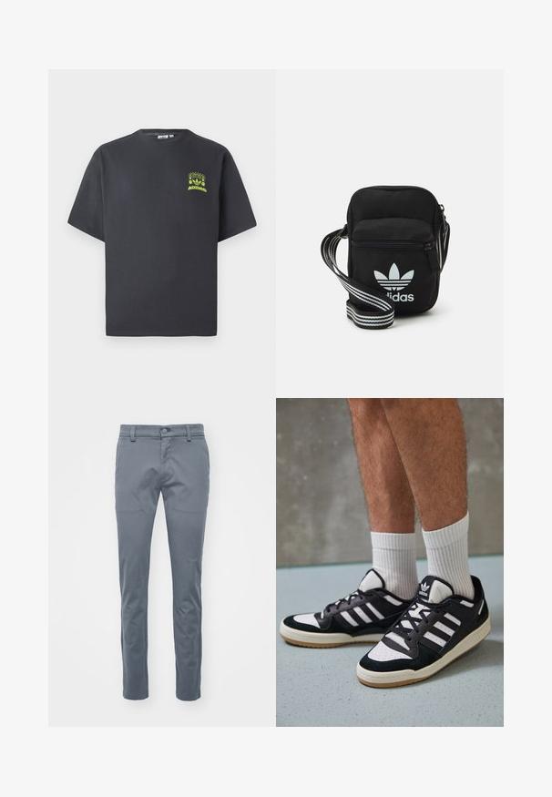 Majica Adidas u boji ugljena s kratkim rukavima i malim grafikom u neon zelenoj boji koja prikazuje zvučnike, sunce i Adidas logotip na lijevoj strani prsnog koša.; Sive krojene hlače od tkanine, s ravnim prednjim dijelom, standardnim pojasom s petljama za remen i uskim ravnim nogavicama.; Crne i bijele tenisice s gornjim dijelom od antilopa i kože, s tri bijele pruge, perforiranim prstom i gumiranim potplatom.; Crna crossover torba od tkanine sa zatvaračem, sa bijelim Adidas logotipom i prugastim podešivim remenom za lako nošenje.