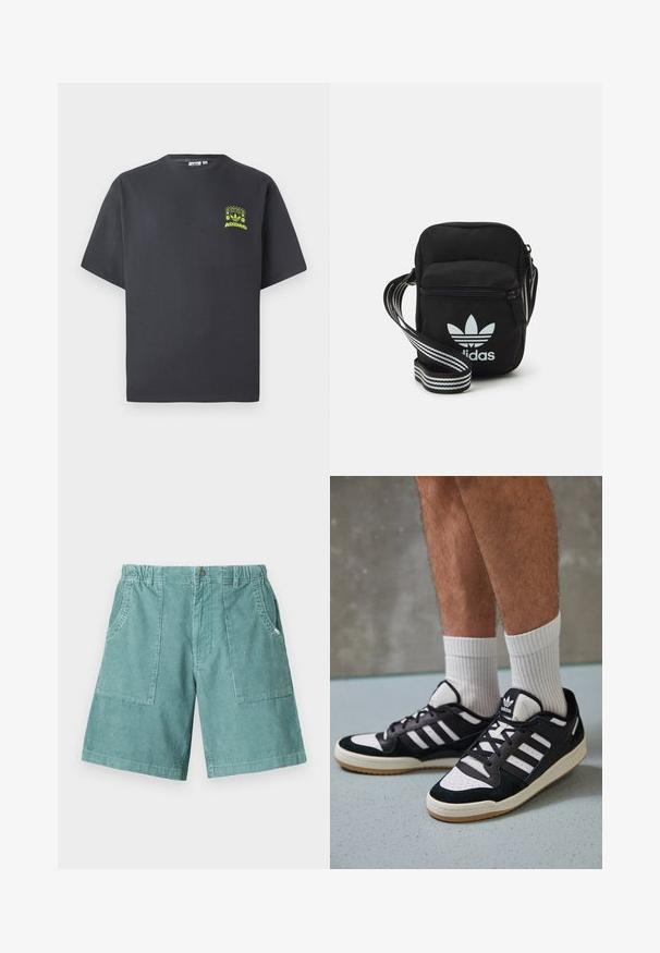 Charcoal gray Adidas T-shirt with short sleeves and a small neon green graphic of speakers, sun, and Adidas logo on left chest.; Cotton corduroy shorts in light teal, featuring an elastic waistband, two side pockets, and a knee-length cut. Textured vertical stripes.; Black and white sneakers with a suede and leather upper, featuring three white stripes, a perforated toe, and a gum rubber sole.; Black fabric crossbody bag with a zipper closure, featuring a white Adidas logo and a striped adjustable strap for easy carrying.