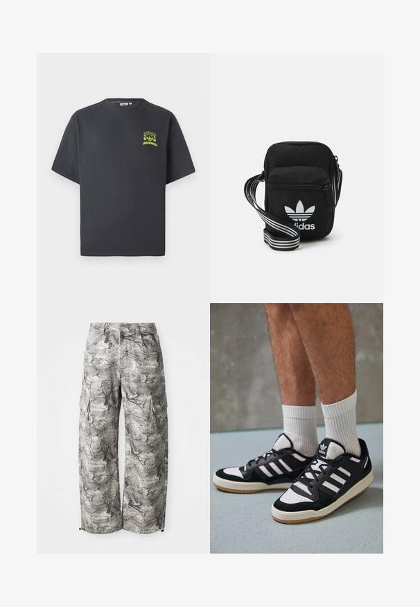 T-shirt Adidas de cor cinza carvão com mangas curtas e um pequeno gráfico em neon verde de altifalantes, sol e o logo da Adidas no lado esquerdo do peito.; Calças cargo em padrão de camuflagem cinza, feitas de um tecido texturizado. As características incluem bolsos laterais e um punho elástico nas bainhas.; Ténis em preto e branco com upper em camurça e couro, apresentando três riscas brancas, um toe perfurado e uma sola em borracha de goma.; Sacolinha transversal de tecido preto com fecho de zíper, apresentando um logo da Adidas em branco e uma alça ajustável listrada para facilitar o transporte.