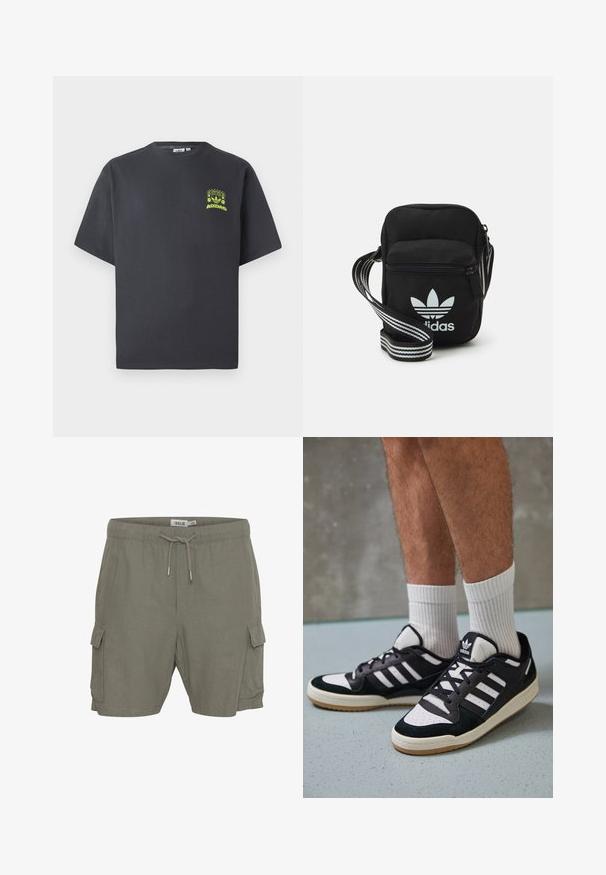 Söe phühaline Adidas T-särk, lühikeste varrukatega, tumesüsinest värvi, vasakul rinnal on väike helesinine graafiline kujutis kõlaritest, päikesest ja Adidas'i logost.; Oliivrohelised cargo-shortsid, millel on paelaga vöökoht, küljetaskud ja kerge, tekstuuriga materjal.; Mustvalged ja valged spordijalatsid, mille pealmine osa on valmistatud suede'ist ja nahast. Kingadel on kolm valget riba, auguline varvas ja kummist tald.; Mustmust värvi risti koti, millel on tõmblukuga sulgemine, valge Adidas'i logo ja triibuline reguleeritav rihm mugavaks kandmiseks.