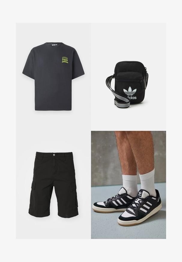 Tumši pelēkā krāsā Adidas T-kreklā ar īsām piedurknēm un mazu neona zaļa grafiku ar skaļruņiem, sauli un Adidas logo kreisajā krūtī.; Melnas kravas šortas, kas izgatavotas no izturīga auduma, ar sānu kabatām, pogu aizdari un rullētu maliņu detaļām. Taisna griezuma dizains.; Melnas un baltas kedas ar zamša un ādas augšdaļu, kas aprīkotas ar trim baltām svītrām, perforētu purngali un gumijas zolēm.; Melna auduma crossbody soma ar rāvējslēdzēja aizdari, kurai ir balts Adidas logo un svītrainas regulējamas siksnas ērtiem pārvietošanās veidiem.