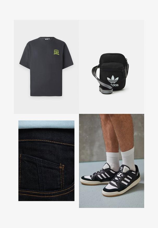Majica Adidas u boji ugljena s kratkim rukavima i malim grafikom u neon zelenoj boji koja prikazuje zvučnike, sunce i Adidas logotip na lijevoj strani prsnog koša.; Tamno plave traperice s narančastim šavovima, s pozadinskom džepom i svijetloplavom košuljom vidljivom iznad. Glatka tekstura, klasičan dizajn.; Crne i bijele tenisice s gornjim dijelom od antilopa i kože, s tri bijele pruge, perforiranim prstom i gumiranim potplatom.; Crna crossover torba od tkanine sa zatvaračem, sa bijelim Adidas logotipom i prugastim podešivim remenom za lako nošenje.