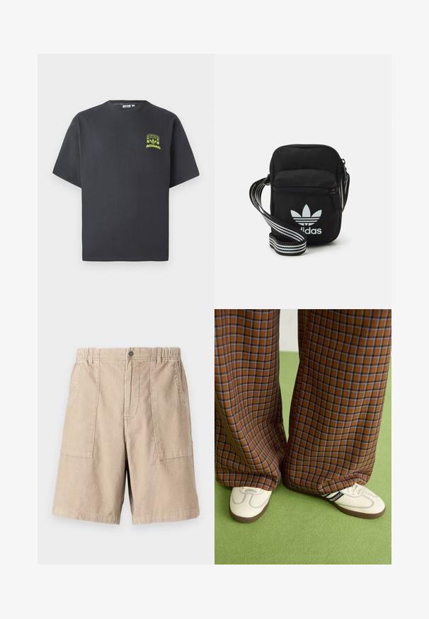 T-shirt Adidas di colore grigio carbone con maniche corte e una piccola grafica neon verde di altoparlanti, sole e logo Adidas sul lato sinistro del petto.; Pantaloni corti di velluto a coste beige con tessuto testurizzato, due tasche laterali, cintura elastica e chiusura a bottone singolo.; Pantaloni a pieghe larghi a quadri marroni e blu abbinati a scarpe bianche con dettagli neri e suole testurizzate, posizionati su uno sfondo verde.; Borsa a tracolla in tessuto nero con chiusura a zip, caratterizzata da un logo Adidas bianco e una tracolla regolabile a righe per un facile trasporto.