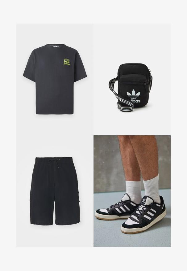 Anglies pilkos spalvos Adidas marškinėliai trumpomis rankovėmis su mažu neoninės žalios spalvos grafikų, vaizduojančiu garsiakalbius, saulę ir Adidas logotipą, kairėje krūtinės pusėje.; Juodi cargo šortai su elastinga juosta, raišteliu, šoninėmis kišenėmis ir kontrastinga siuvinėjimo linija. Pagaminti iš lengvos medžiagos.; Juodos ir baltos sportinės bateliai su zomšiniu ir odiniu viršumi, su trimis baltomis juostelėmis, perforuota koja ir guminėmis padais.; Juodas audinio per petį nešiojamas krepšys su užtrauktuku, turintis baltą Adidas logotipą ir dryžuotą reguliuojamą diržą patogiam nešiojimui.