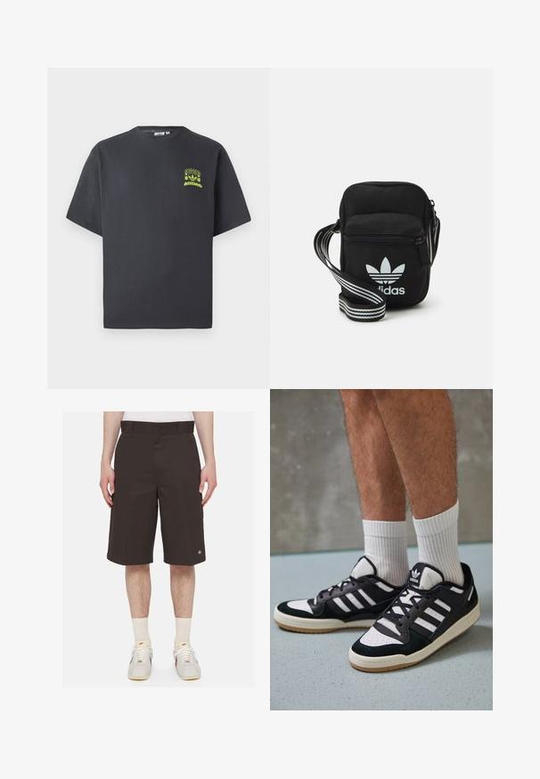 Antracitové šedé tričko Adidas s krátkymi rukávmi a malou neónovo zelenou grafikou reproduktorov, slnka a loga Adidas na ľavej hrudi.; Tmavohnedé kraťasy vyrobené z pevnej tkaniny, s priamym strihom a dĺžkou do polovice stehna, a vyšívaným logom na ľavom stehne.; Čierno-biele tenisky s vrchom z semišu a kože, s troma bielymi pruhmi, perforovanou špičkou a gumovou podrážkou.; Čierna textilná crossbody taška so zipsovým uzáverom, ktorá má biele logo Adidas a pruhovaný nastaviteľný popruh pre jednoduché nosenie.