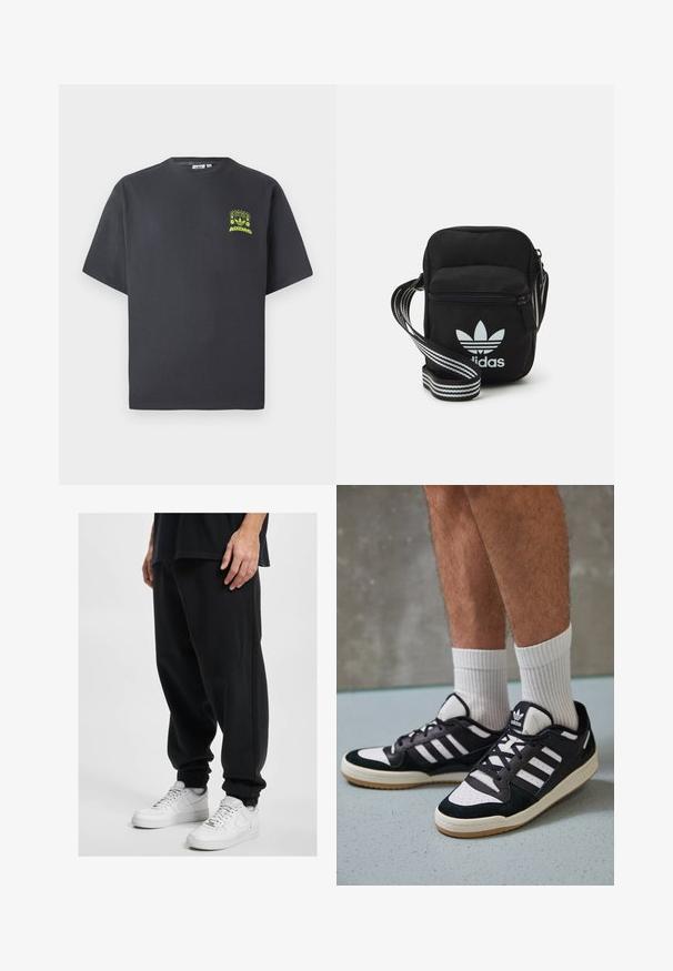 Črno-siva Adidas majica s kratkimi rokavi in majhnim neon zelenim grafičnim motivom z zvočniki, soncem in Adidasovim logotipom na levi strani prsnega koša.; DEF Spodnji deli trenirk - black washed; Črno-bele superge z zgornjim delom iz usnja in nubuka, ki imajo tri bele črte, perforiran vrh prstov in podplat iz gume.; Črna tkaninska torbica čez ramo z zadrgo, ki vsebuje belo Adidasovo logo in pridelano naramnico z več črtami za enostavno nošenje.