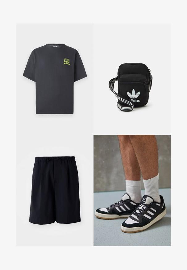 Sötétszürke Adidas póló rövid ujjakkal, a bal mellrészen egy kis neon zöld grafikával, amely hangszórókat, napot és az Adidas logót ábrázol.; Sötétkék, könnyű anyagból készült rövidnadrág, elasztikus derékkal és húzózsinórral, valamint két oldalsó zsebbel, egyenes szabással.; Fekete-fehér tornacipők velúr és bőr felsőrésszel, három fehér csíkkal, perforált orral és gumi talppal.; Fekete anyagú, keresztpántos táska cipzáras záródással, fehér Adidas logóval és csíkos állítható pánttal a könnyű hordozás érdekében.