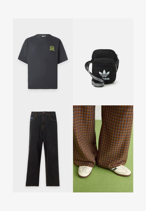 Charcoal gray Adidas T-shirt with short sleeves and a small neon green graphic of speakers, sun, and Adidas logo on left chest.; Black denim pants with straight legs, contrasting orange stitching, five pockets, and a button closure. Features a small blue brand patch.; Brown and blue plaid wide-leg trousers paired with white shoes featuring black accents and textured soles, set against a green background.; Black fabric crossbody bag with a zipper closure, featuring a white Adidas logo and a striped adjustable strap for easy carrying.
