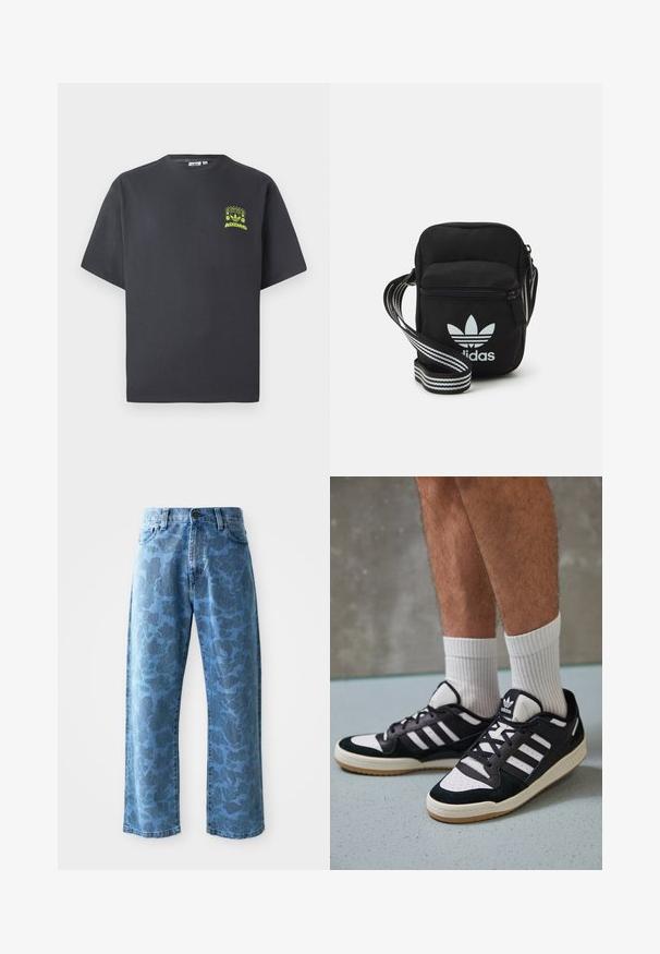 Tumši pelēkā krāsā Adidas T-kreklā ar īsām piedurknēm un mazu neona zaļa grafiku ar skaļruņiem, sauli un Adidas logo kreisajā krūtī.; Gaiši zili džinsi ar smalku tonālu ziedu rakstu, plaša kāju griezuma, piecu kabatu dizainu un pogu aizdari viduklī.; Melnas un baltas kedas ar zamša un ādas augšdaļu, kas aprīkotas ar trim baltām svītrām, perforētu purngali un gumijas zolēm.; Melna auduma crossbody soma ar rāvējslēdzēja aizdari, kurai ir balts Adidas logo un svītrainas regulējamas siksnas ērtiem pārvietošanās veidiem.