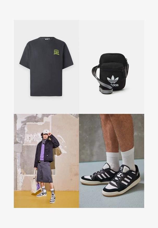 Tmavě šedé tričko Adidas s krátkým rukávem a malou neonově zelenou grafikou reproduktorů, slunce a loga Adidas na levé straně hrudníku.; Černá bunda, fialová košile, šedé šortky a bílé tenisky se šedými akcenty. Doplňky zahrnují bílou čepici a vzorovanou tašku.; Černobílé tenisky s vrchní částí z semišové a kožené kůže, včetně tří bílých pruhů, perforovaného špičky a podrážky z gumy.; Černá crossbody taška z látky se zipovým uzávěrem, obsahující bílé logo Adidas a pruhovaný nastavitelný popruh pro snadné nošení.