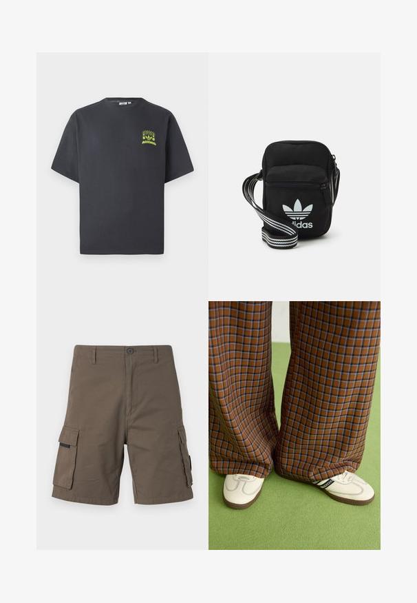 Camiseta de Adidas en gris carbón con mangas cortas y un pequeño gráfico en neón verde de altavoces, sol y el logo de Adidas en el lado izquierdo del pecho.; Pantalones cortos de carga en verde oliva, hechos de algodón, con dos bolsillos laterales, un cierre de botón y un diseño de pierna recta.; Pantalones de pata de elefante de cuadros marrones y azules combinados con zapatos blancos con detalles en negro y suelas texturizadas, sobre un fondo verde.; Bolso cruzado de tela negra con cierre de cremallera, que presenta un logo blanco de Adidas y una correa ajustable a rayas para un fácil transporte.