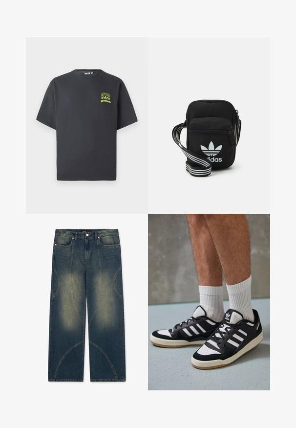 T-shirt Adidas gris charbon à manches courtes avec un petit graphique néon vert représentant des haut-parleurs, un soleil et le logo Adidas sur la poitrine gauche.; FAVELA DOUBLE LAYER - Jean large - dark blue; Baskets noir et blanc avec une tige en suède et cuir, comportant trois rayures blanches, un bout perforé et une semelle en caoutchouc gum.; Sac bandoulière noir en tissu avec fermeture éclair, arborant un logo Adidas blanc et une sangle réglable rayée pour un port facile.