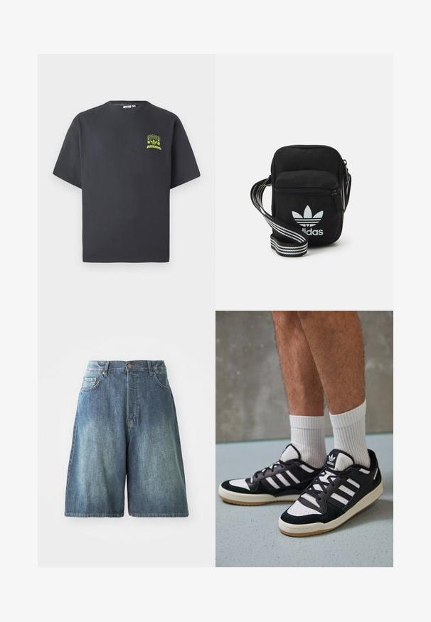 Tumši pelēkā krāsā Adidas T-kreklā ar īsām piedurknēm un mazu neona zaļa grafiku ar skaļruņiem, sauli un Adidas logo kreisajā krūtī.; Denim šorti vidēji zils mazgāšanas tonī, ar augstu vidukli, piecām kabatām un taisnu piegriezumu. Izteikta nodiluma detaļa priekšpusē.; Melnas un baltas kedas ar zamša un ādas augšdaļu, kas aprīkotas ar trim baltām svītrām, perforētu purngali un gumijas zolēm.; Melna auduma crossbody soma ar rāvējslēdzēja aizdari, kurai ir balts Adidas logo un svītrainas regulējamas siksnas ērtiem pārvietošanās veidiem.