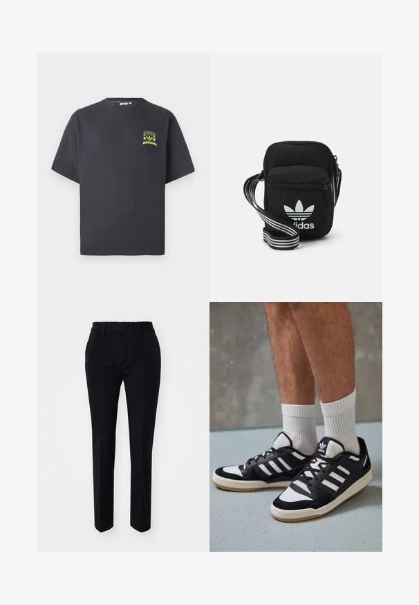 Charcoal gray Adidas T-shirt with short sleeves and a small neon green graphic of speakers, sun, and Adidas logo on left chest.; Black tailored trousers with a smooth fabric texture, straight legs, and angled side pockets. Simple waistband with belt loops, no visible patterns.; Black and white sneakers with a suede and leather upper, featuring three white stripes, a perforated toe, and a gum rubber sole.; Black fabric crossbody bag with a zipper closure, featuring a white Adidas logo and a striped adjustable strap for easy carrying.