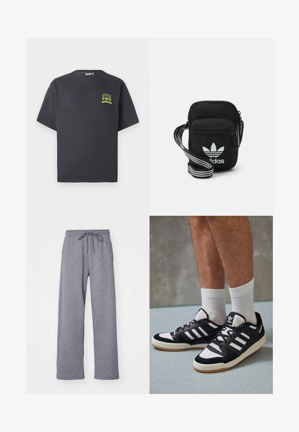 Dunkelgraues Adidas-T-Shirt mit kurzen Ärmeln und einem kleinen neongrünen Aufdruck von Lautsprechern, Sonne und dem Adidas-Logo auf der linken Brust.; Graue, weit geschnittene Sweatpants mit einem Kordelzugbund. Hergestellt aus weichem, strukturiertem Stoff, mit einer lässigen Passform und geraden Beinen.; Schwarz-weiße Sneaker mit einem Obermaterial aus Wildleder und Leder, ausgestattet mit drei weißen Streifen, einer perforierten Zehenpartie und einer Sohle aus Gummi.; Schwarze Umhängetasche aus Stoff mit Reißverschluss, ausgestattet mit einem weißen Adidas-Logo und einem gestreiften, verstellbaren Tragegurt für einfachen Transport.