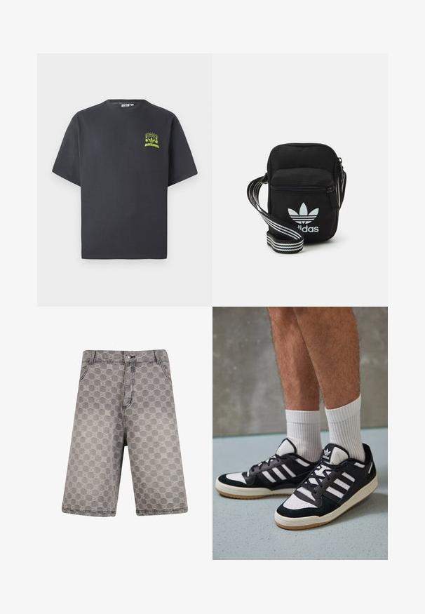 Charcoal gray Adidas T-shirt with short sleeves and a small neon green graphic of speakers, sun, and Adidas logo on left chest.; Gray denim shorts featuring a circular pattern, with a traditional five-pocket design and visible stitching accents.; Black and white sneakers with a suede and leather upper, featuring three white stripes, a perforated toe, and a gum rubber sole.; Black fabric crossbody bag with a zipper closure, featuring a white Adidas logo and a striped adjustable strap for easy carrying.