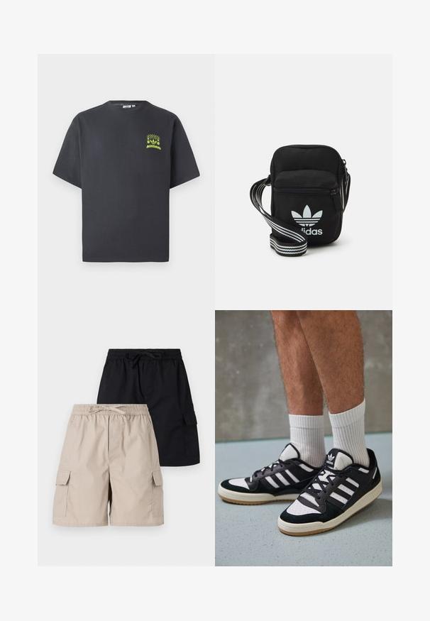 T-shirt w kolorze węgorzowym marki Adidas z krótkim rękawem i małą neonowo-zieloną grafiką głośników, słońca oraz logo Adidas na lewej klatce piersiowej.; Dwie pary szortów cargo, jedna beżowa, a druga czarna, z elastycznymi pasami, sznurkiem do regulacji i kieszeniami bocznymi.; Czarno-białe sneakersy z zamszową i skórzaną cholewką, z trzema białymi paskami, perforowanym czubkiem i gumową podeszwą w kolorze gumy.; Czarna torba crossbody wykonana z materiału, z zamknięciem na zamek błyskawiczny, z białym logo Adidas oraz regulowanym paskiem w paski, co ułatwia noszenie.