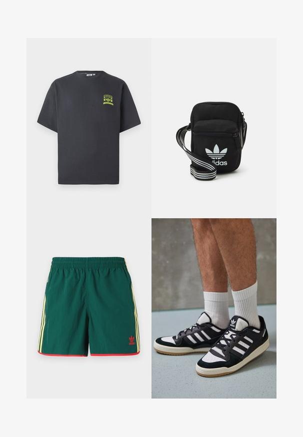 T-shirt Adidas de cor cinza carvão com mangas curtas e um pequeno gráfico em neon verde de altifalantes, sol e o logo da Adidas no lado esquerdo do peito.; Calções atléticos verdes com uma textura leve, apresentando riscas laterais amarelas e detalhes vermelhos na bainha, com um pequeno logótipo vermelho.; Ténis em preto e branco com upper em camurça e couro, apresentando três riscas brancas, um toe perfurado e uma sola em borracha de goma.; Sacolinha transversal de tecido preto com fecho de zíper, apresentando um logo da Adidas em branco e uma alça ajustável listrada para facilitar o transporte.