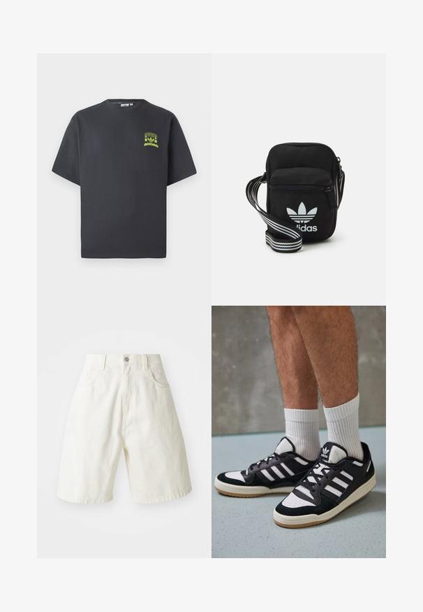 T-shirt Adidas gris charbon à manches courtes avec un petit graphique néon vert représentant des haut-parleurs, un soleil et le logo Adidas sur la poitrine gauche.; Shorts en denim blanc avec une coupe décontractée, dotés d'une taille, de cinq poches et de jambes droites. Le tissu a une légère texture.; Baskets noir et blanc avec une tige en suède et cuir, comportant trois rayures blanches, un bout perforé et une semelle en caoutchouc gum.; Sac bandoulière noir en tissu avec fermeture éclair, arborant un logo Adidas blanc et une sangle réglable rayée pour un port facile.