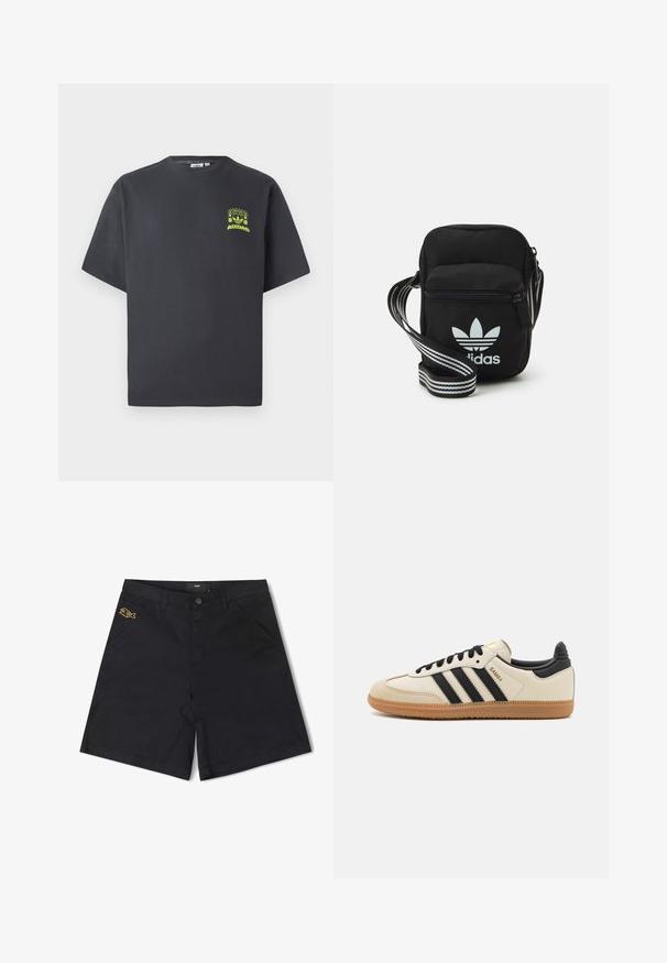 Tumši pelēkā krāsā Adidas T-kreklā ar īsām piedurknēm un mazu neona zaļa grafiku ar skaļruņiem, sauli un Adidas logo kreisajā krūtī.; Melni kokvilnas šorti ar priekšējo pogu aizdari, sānu kabatām un mazu dzeltenu zivs logotipu kreisajā kabatā.; Bežs sporta apavi ar melnām svītrām, gumijas zole un melniem akcentiem. Ievērojams ar gludu ādas virsu un noapaļotu purngala dizainu.; Melna auduma crossbody soma ar rāvējslēdzēja aizdari, kurai ir balts Adidas logo un svītrainas regulējamas siksnas ērtiem pārvietošanās veidiem.