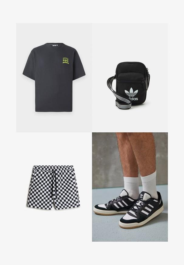 Kolgrå Adidas T-shirt med korta ärmar och en liten neongrön grafik av högtalare, sol och Adidas-logotyp på vänster bröst.; Svart- och vitrandiga badshorts med elastisk midja, snörning och sidofickor, tillverkade av ett slätt och lätt material.; Svartvita sneakers med ovandel i mocka och läder, med tre vita ränder, perforerad tå och sula av gummigummi.; Svart tygaxelväska med dragkedjestängning, prydd med en vit Adidas-logga och ett randigt justerbart band för enkel bärning.