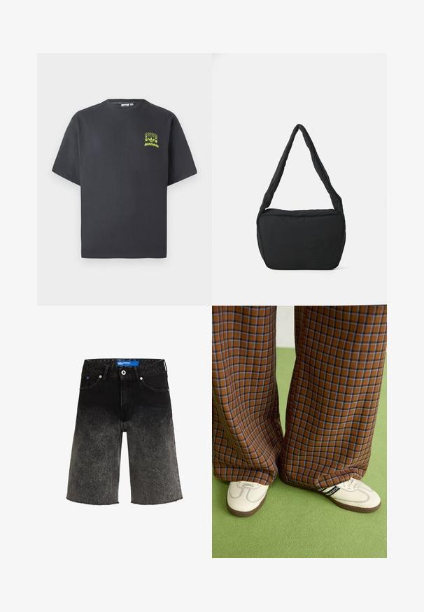 Camiseta de Adidas en gris carbón con mangas cortas y un pequeño gráfico en neón verde de altavoces, sol y el logo de Adidas en el lado izquierdo del pecho.; Shorts de mezclilla negra con un desvanecimiento de oscuro a claro. Con un dobladillo deshilachado, dos bolsillos frontales y una etiqueta de marca azul en la cinturilla.; Pantalones de pata de elefante de cuadros marrones y azules combinados con zapatos blancos con detalles en negro y suelas texturizadas, sobre un fondo verde.; Bolso negro de hombro con textura acolchada, forma redondeada y correa ancha, con un logo grabado en el frente.