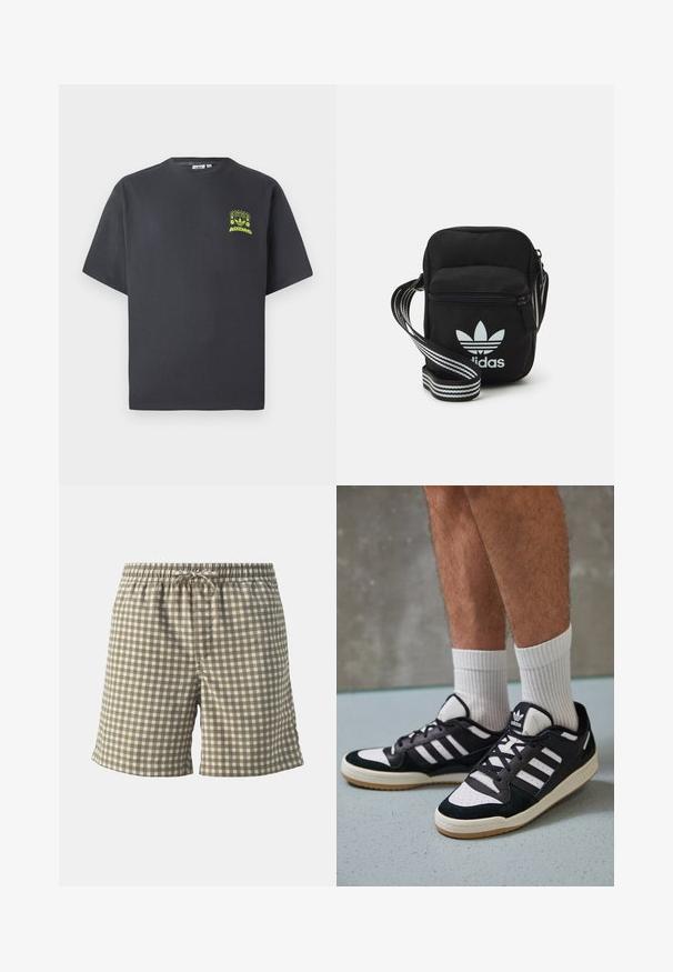 Tmavě šedé tričko Adidas s krátkým rukávem a malou neonově zelenou grafikou reproduktorů, slunce a loga Adidas na levé straně hrudníku.; Jack & Jones JPSTJAIDEN JJJACQUARD - Šortky - cloud dancer; Černobílé tenisky s vrchní částí z semišové a kožené kůže, včetně tří bílých pruhů, perforovaného špičky a podrážky z gumy.; Černá crossbody taška z látky se zipovým uzávěrem, obsahující bílé logo Adidas a pruhovaný nastavitelný popruh pro snadné nošení.