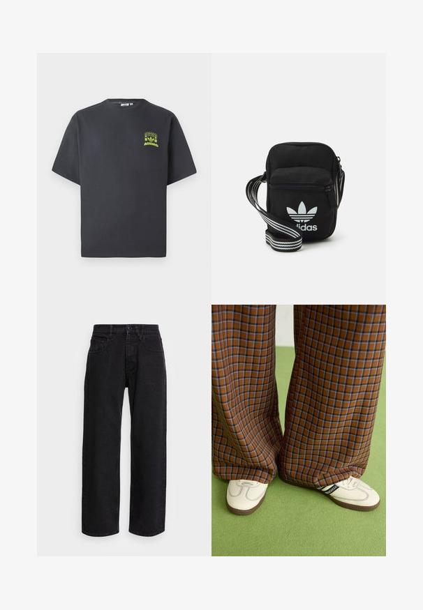 T-shirt Adidas di colore grigio carbone con maniche corte e una piccola grafica neon verde di altoparlanti, sole e logo Adidas sul lato sinistro del petto.; Pantaloni larghi in denim nero con vita alta, dotati di cinque tasche e chiusura con bottone. Il tessuto ha una consistenza liscia e una leggera elasticità.; Pantaloni a pieghe larghi a quadri marroni e blu abbinati a scarpe bianche con dettagli neri e suole testurizzate, posizionati su uno sfondo verde.; Borsa a tracolla in tessuto nero con chiusura a zip, caratterizzata da un logo Adidas bianco e una tracolla regolabile a righe per un facile trasporto.