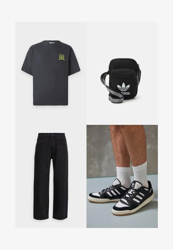 T-shirt Adidas gris charbon à manches courtes avec un petit graphique néon vert représentant des haut-parleurs, un soleil et le logo Adidas sur la poitrine gauche.; Pantalons larges en denim noir avec taille haute, dotés de cinq poches et d'une fermeture à bouton. Le tissu a une texture lisse et une légère élasticité.; Baskets noir et blanc avec une tige en suède et cuir, comportant trois rayures blanches, un bout perforé et une semelle en caoutchouc gum.; Sac bandoulière noir en tissu avec fermeture éclair, arborant un logo Adidas blanc et une sangle réglable rayée pour un port facile.