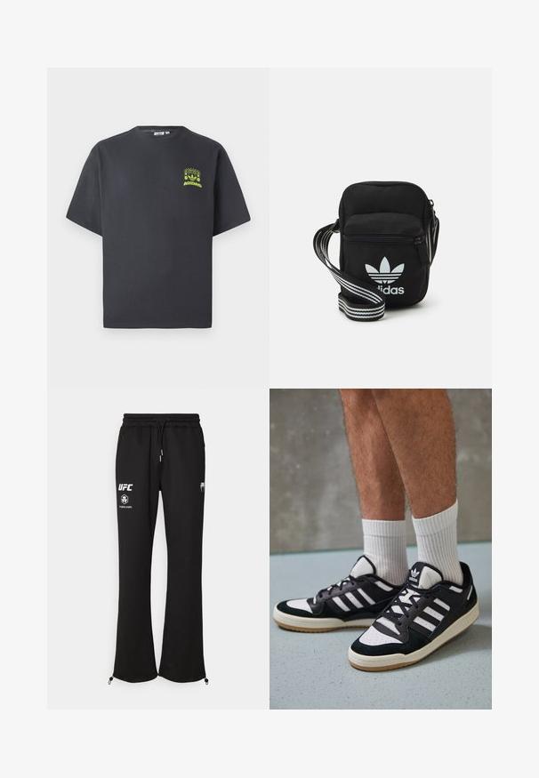 T-shirt Adidas de cor cinza carvão com mangas curtas e um pequeno gráfico em neon verde de altifalantes, sol e o logo da Adidas no lado esquerdo do peito.; Calças de fato de treino pretas com um cós elástico, apresentando logótipos brancos da UFC e um cordão. Inclui fechos de correr no tornozelo para ajuste.; Ténis em preto e branco com upper em camurça e couro, apresentando três riscas brancas, um toe perfurado e uma sola em borracha de goma.; Sacolinha transversal de tecido preto com fecho de zíper, apresentando um logo da Adidas em branco e uma alça ajustável listrada para facilitar o transporte.
